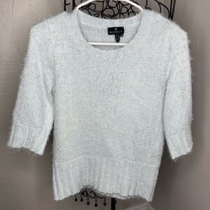 Marble Fuzzy Eyelash Knit 3/4 Sleeve Crew Neck Pullover Sweater Light Blue XS